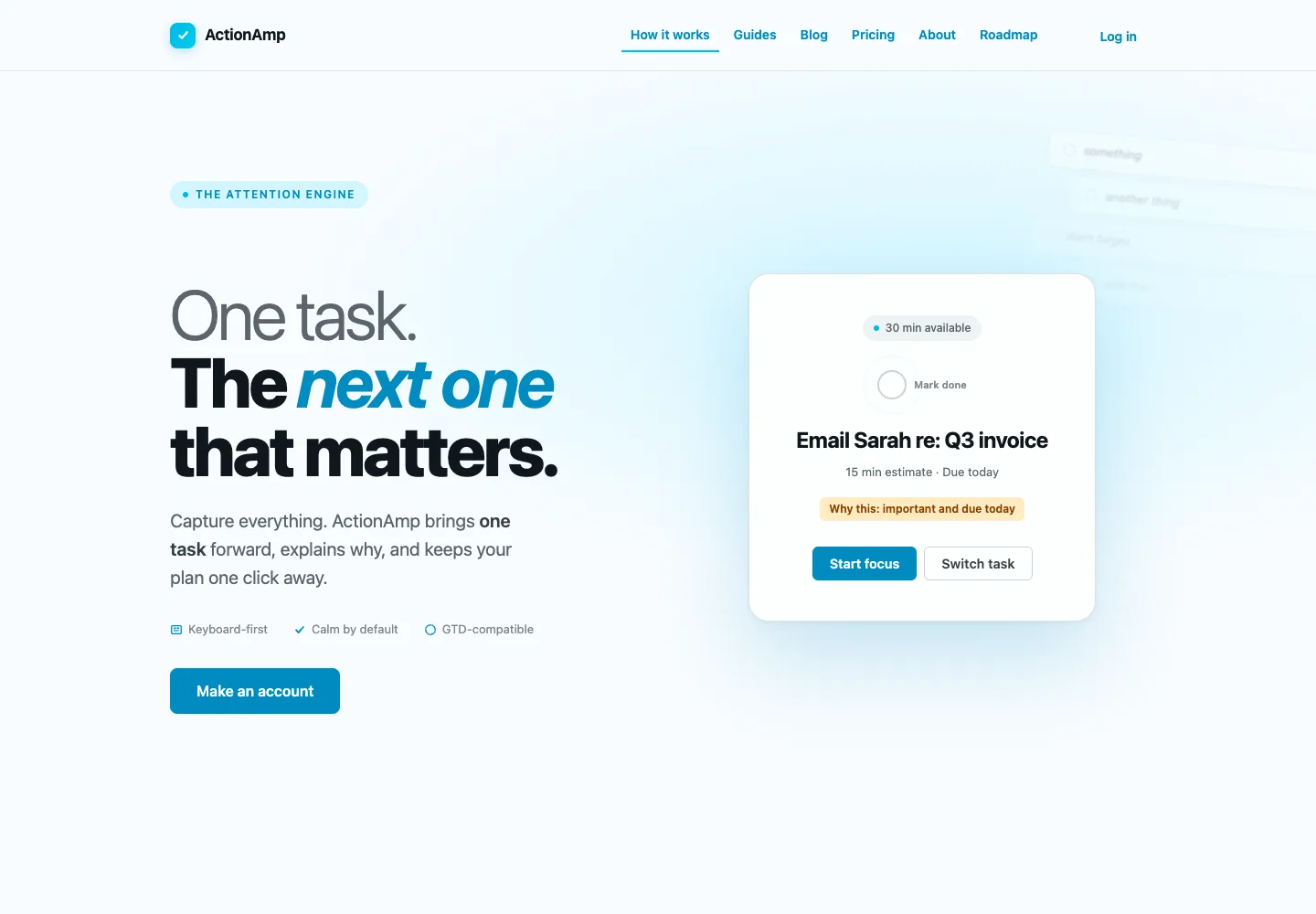 ActionAmp landing page showing a single recommended task and the reason it matters