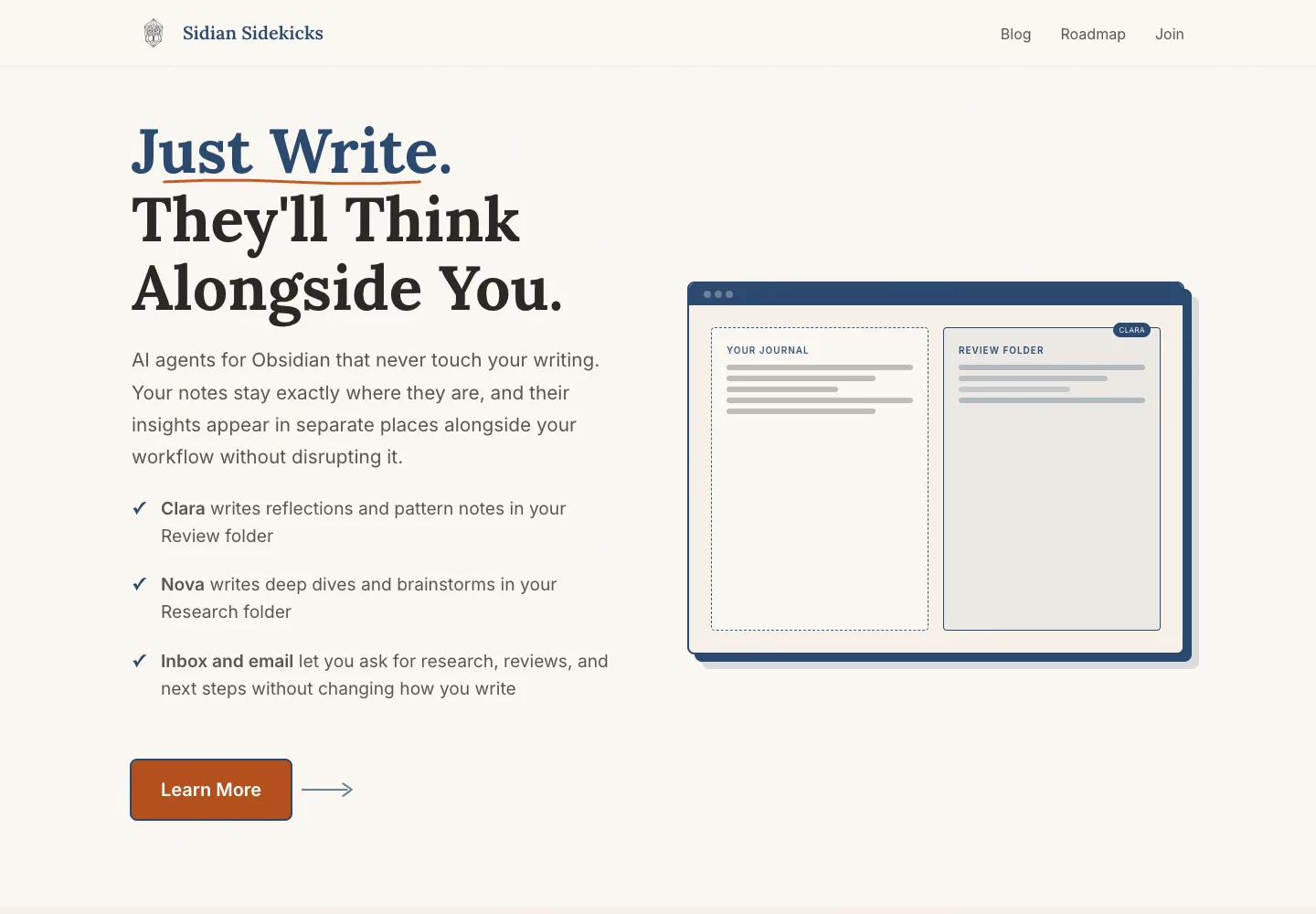 Sidian Sidekicks landing page showing AI agents working alongside an Obsidian vault