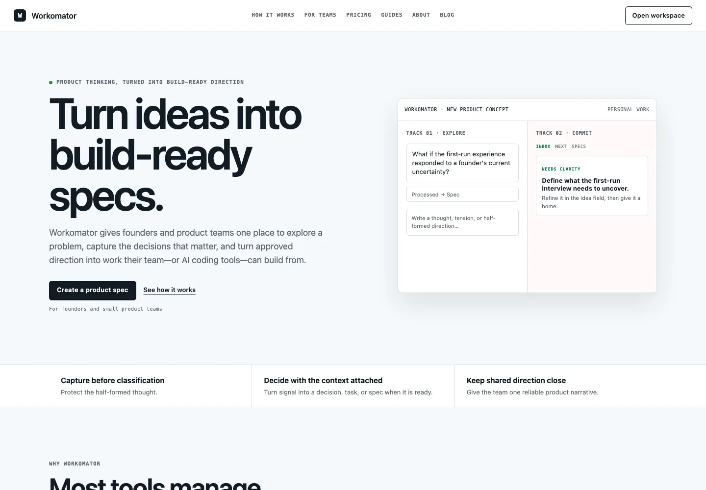 Workomator landing page showing an Explore and Decide product workflow