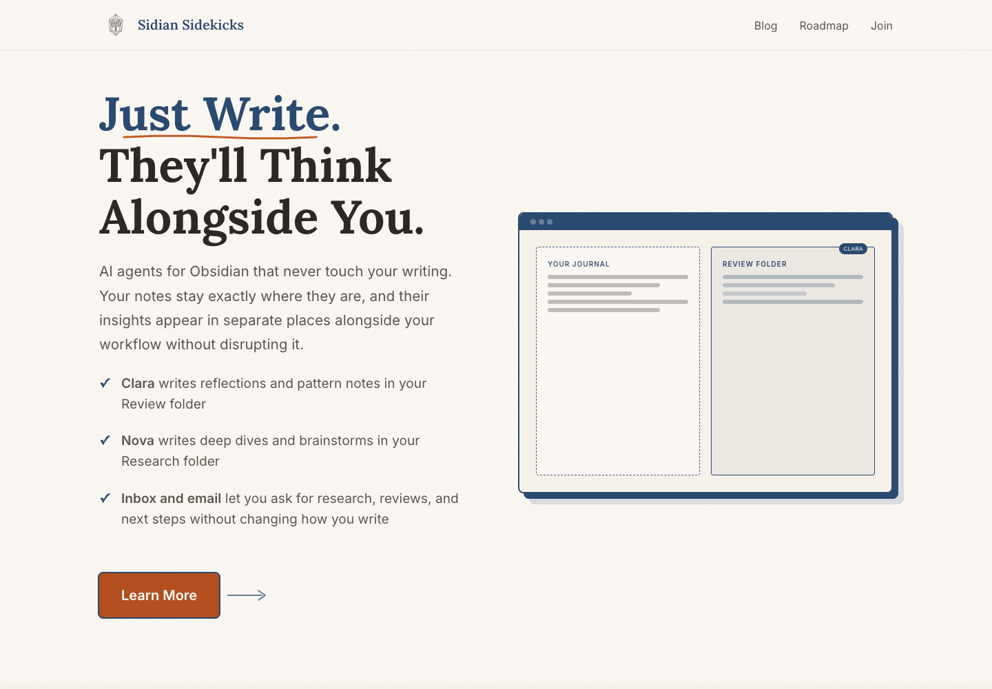 Sidian Sidekicks landing page showing AI agents working alongside an Obsidian vault