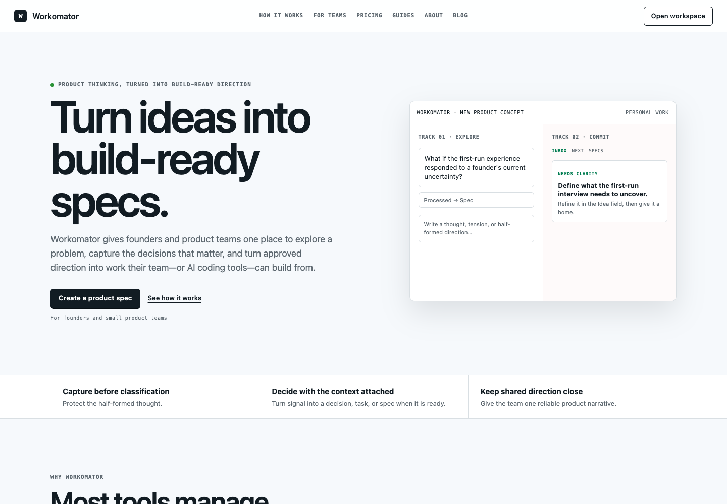 Workomator landing page showing separate Explore and Decide product workflows